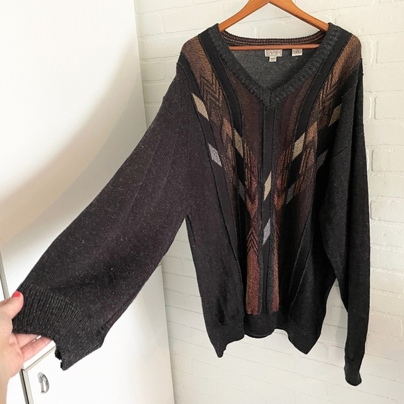 Vintage Men’s Knit Sweater Coogie style Wool blend Grandpa V neck Gray Brown 4X - Picture 1 of 12